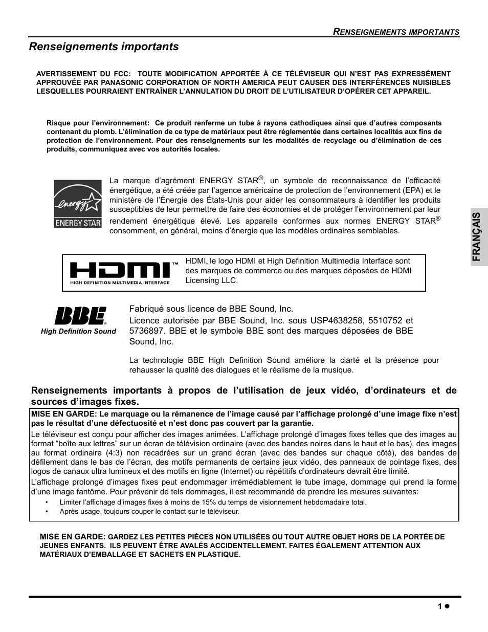 Renseignements importants, Français | Panasonic CT-26WC15 User Manual | Page 31 / 64