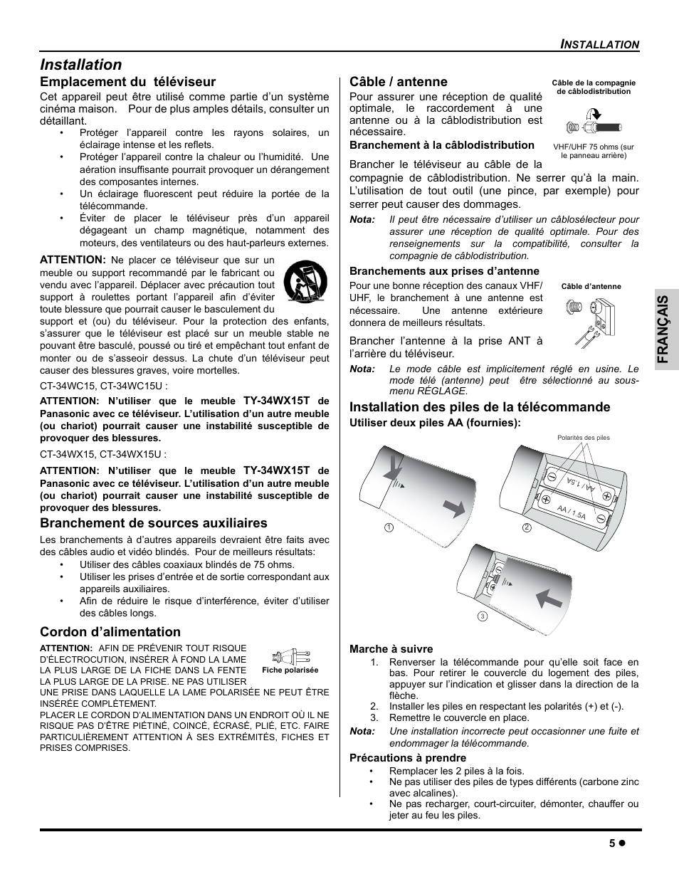 Installation, Français, Emplacement du téléviseur | Branchement de sources auxiliaires, Cordon d’alimentation, Câble / antenne, Installation des piles de la télécommande | Panasonic CT-26WC15 User Manual | Page 35 / 64