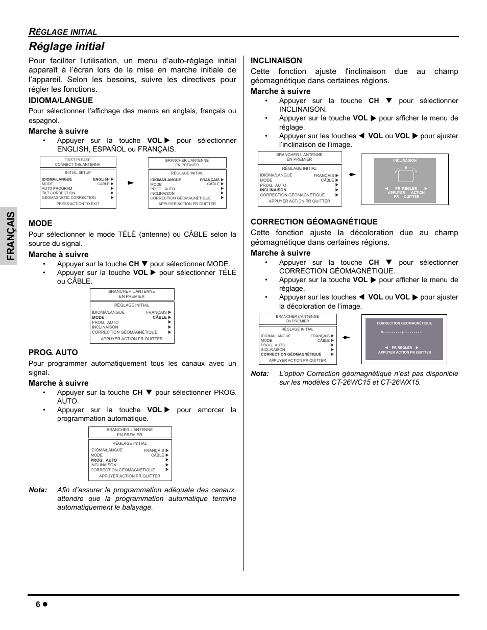 Reglage initaial, Réglage initial, Français | Marche à suivre, Mode, Prog. auto, Églage initial | Panasonic CT-26WC15 User Manual | Page 36 / 64