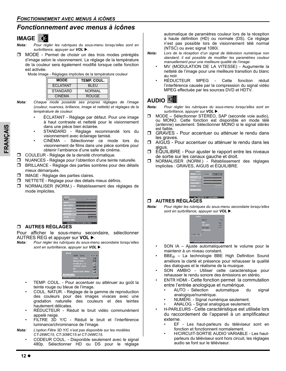 Fonctionnement avec menus a icones, Fonctionnement avec menus à icônes, Français | Image, Audio, 12 z, Mode, Autres réglages | Panasonic CT-26WC15 User Manual | Page 42 / 64