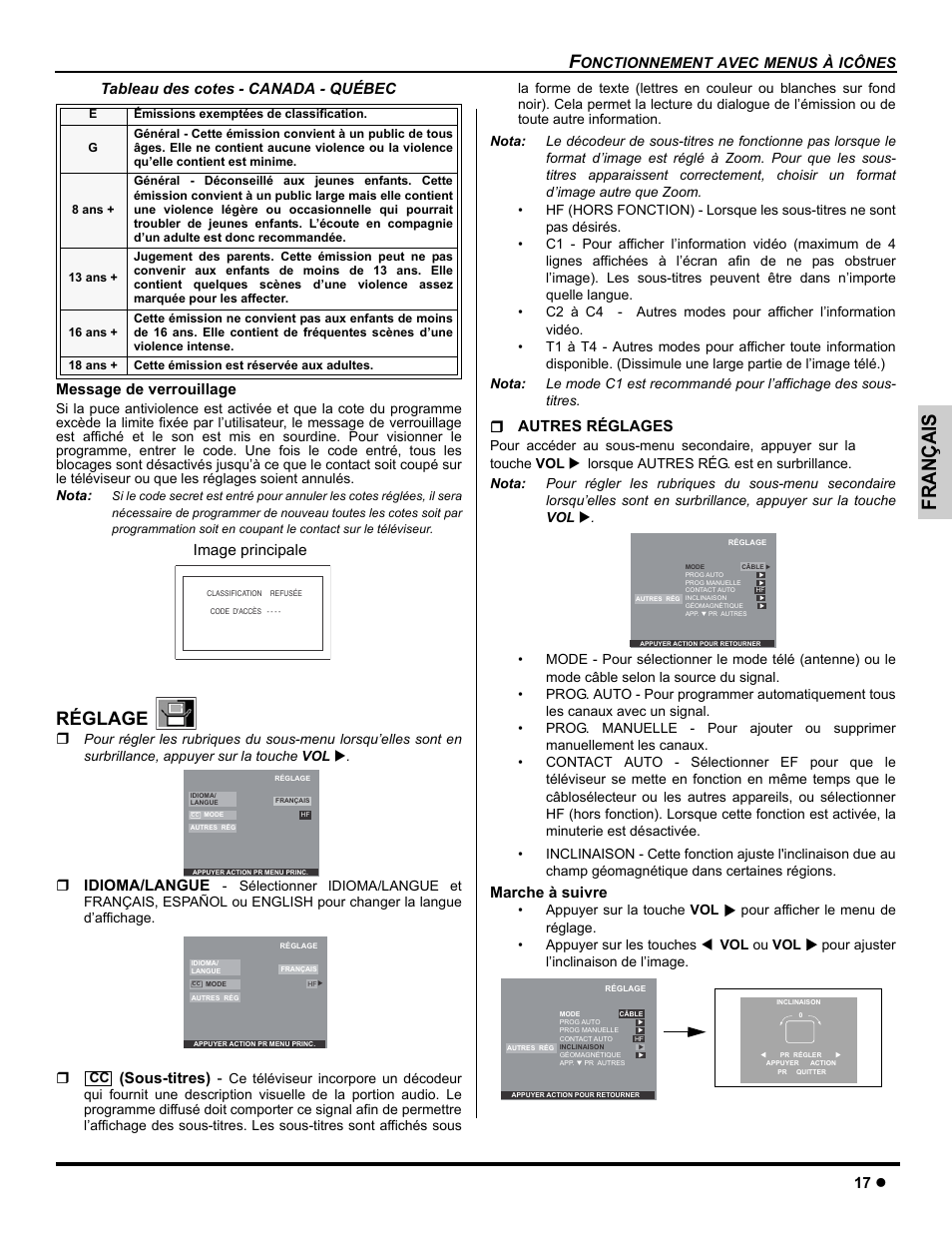 Français, Réglage, 17 z | Idioma/langue, Sous-titres), Autres réglages, Marche à suivre, Image principale | Panasonic CT-26WC15 User Manual | Page 47 / 64