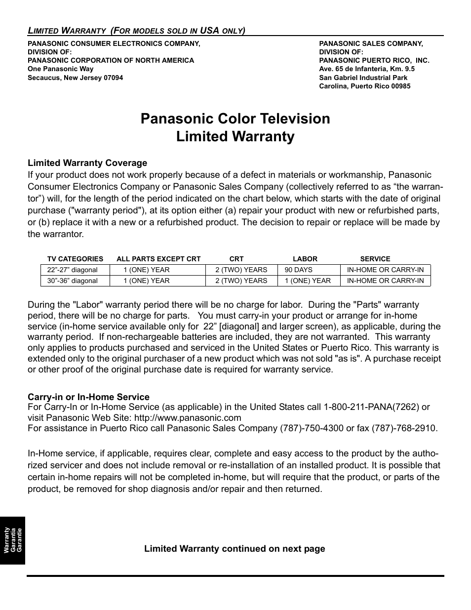 Panasonic color television limited warranty | Panasonic CT-26WC15 User Manual | Page 58 / 64
