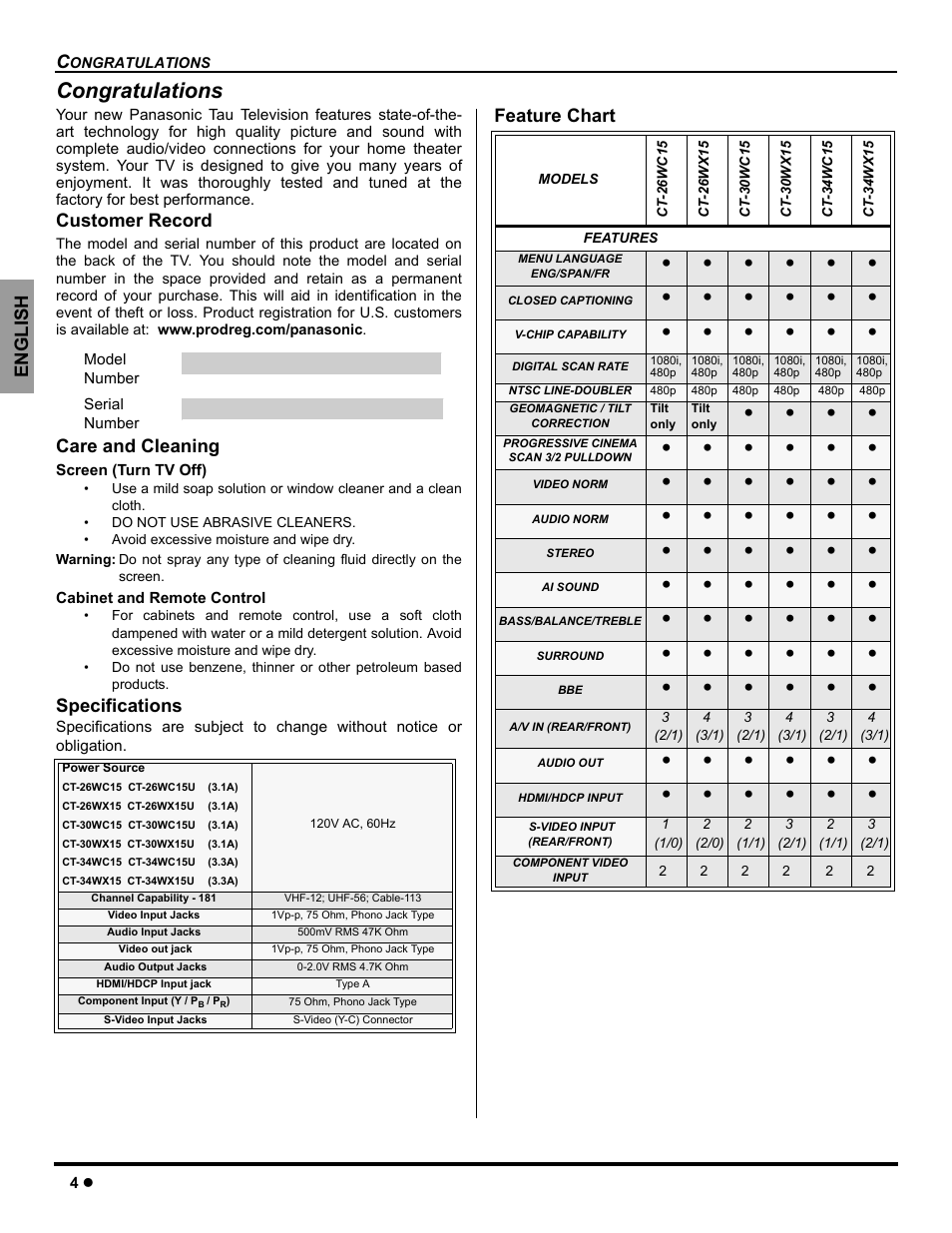 Customer record, Care and cleaning, Specifications | Feature chart | Panasonic CT-26WC15 User Manual | Page 6 / 64