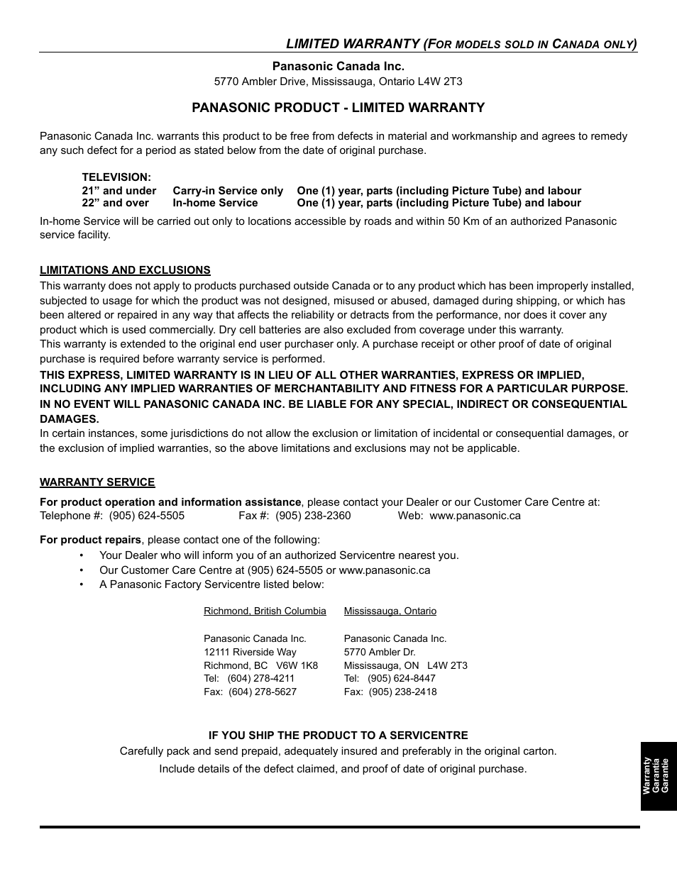 Limited warranty (f, Panasonic product - limited warranty | Panasonic CT-26WC15 User Manual | Page 61 / 64