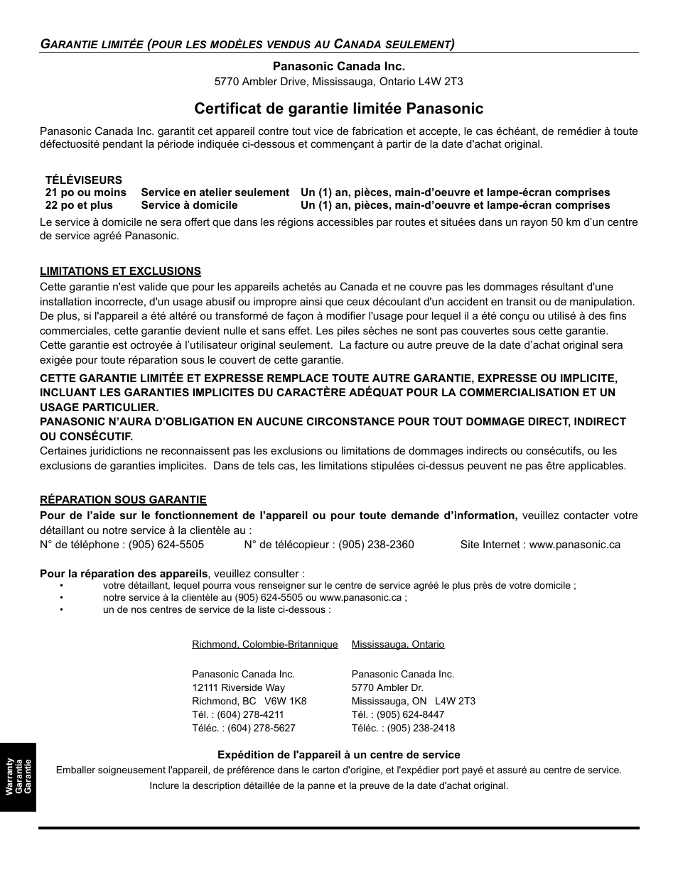 Certificat de garantie limitée panasonic | Panasonic CT-26WC15 User Manual | Page 62 / 64
