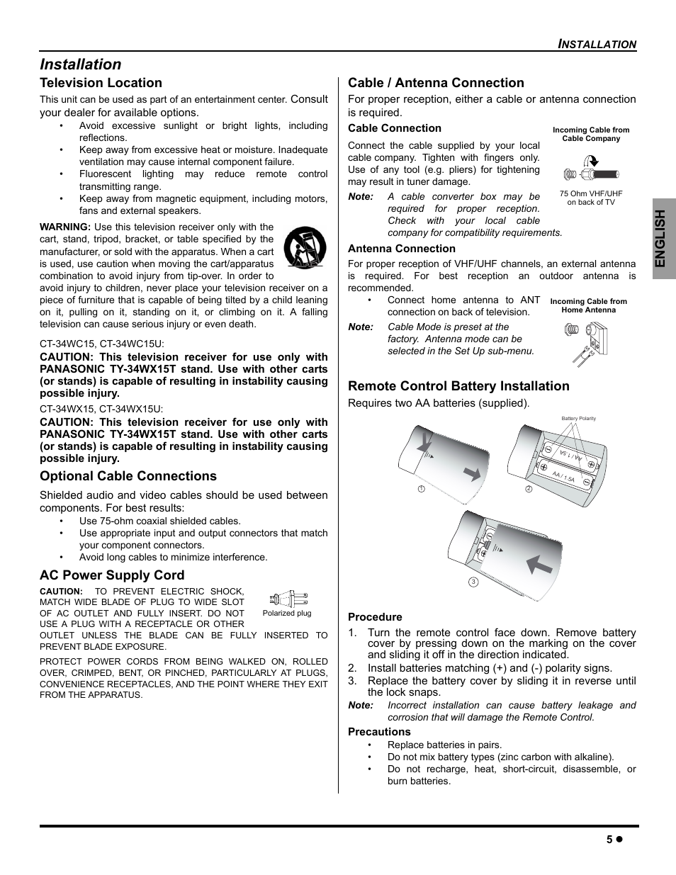 Installation, Television location, Optional cable connections | Ac power supply cord, Cable / antenna connection, Remote control battery installation, English | Panasonic CT-26WC15 User Manual | Page 7 / 64