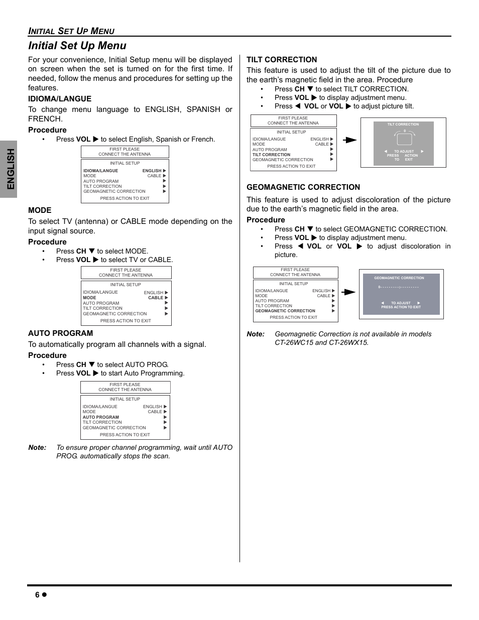 Initial set up menu, English | Panasonic CT-26WC15 User Manual | Page 8 / 64