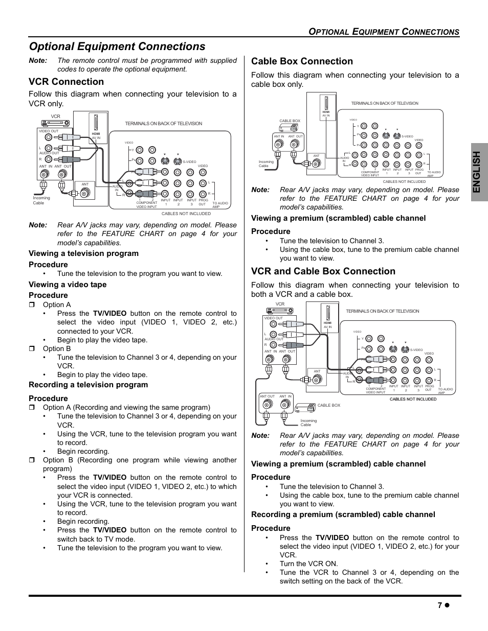 Optional equipment connections, Cable box, Vcr and cable box | English, Vcr connection, Cable box connection, Vcr and cable box connection, Viewing a television program procedure, Viewing a video tape procedure, Recording a television program procedure | Panasonic CT-26WC15 User Manual | Page 9 / 64