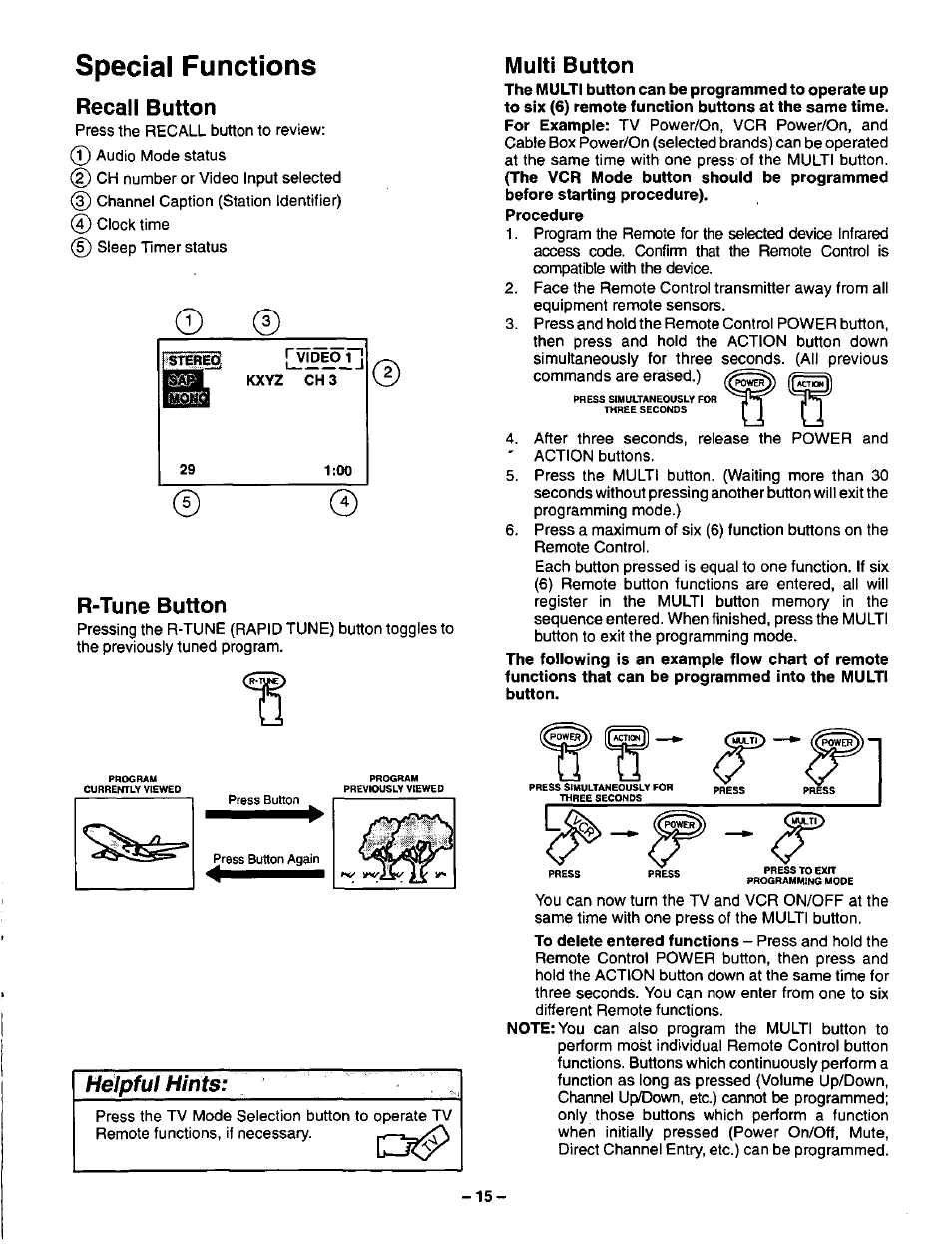 Special functions, Recall button, Multi button | R-tune button, Specifications, Helpful hints | Panasonic CT-36SF24 User Manual | Page 15 / 36