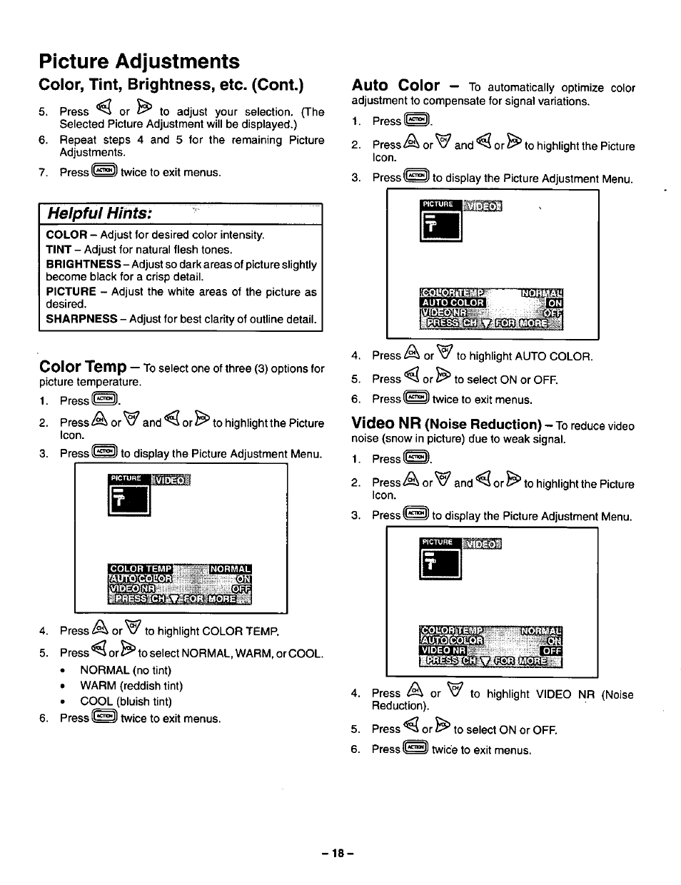 Picture adjustments, Color, tint, brightness, etc. (cont.), Heipfu! hints | Color temp, Auto color, Video nr | Panasonic CT-36SF24 User Manual | Page 18 / 36