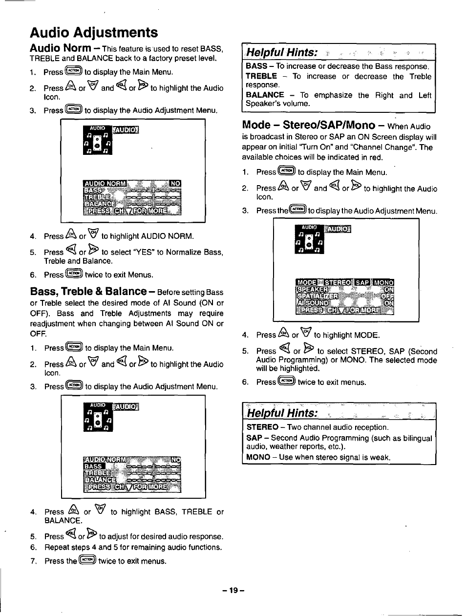 Audio adjustments, Mode - stereo/sap/mono — when audio, Audio norm | Bass, treble & balance, Helpful hints, Mode - stereo/sap/mono, Ilelpful hints | Panasonic CT-36SF24 User Manual | Page 19 / 36