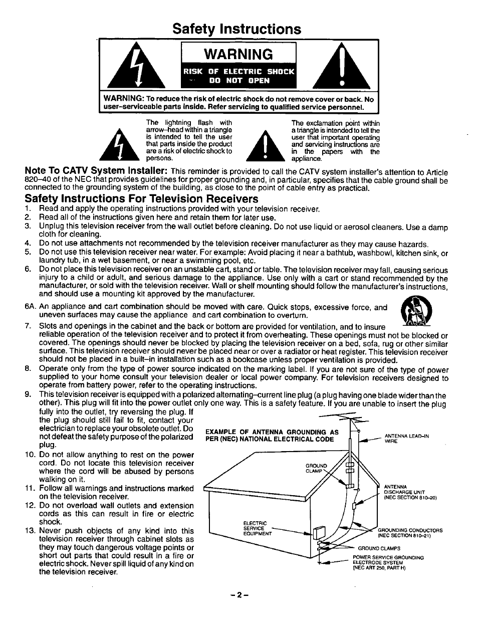 Safety instructions, Warning, Safety instructions for television receivers | Safety instructions warning | Panasonic CT-36SF24 User Manual | Page 2 / 36