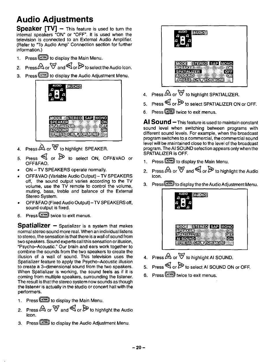 Audio adjustments, Speaker [tv, Spatializer | Al sound | Panasonic CT-36SF24 User Manual | Page 20 / 36