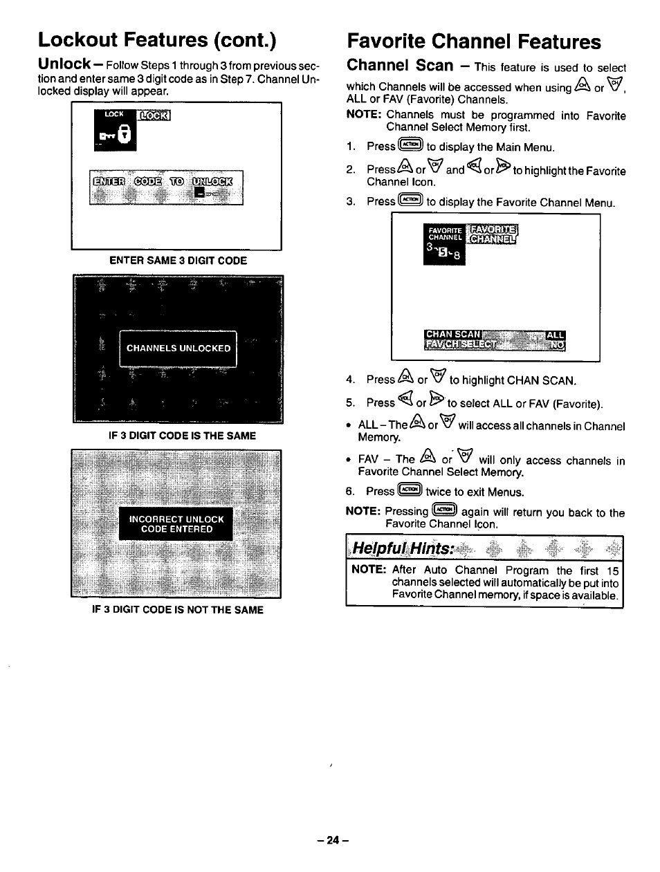 Lockout features (cont.), Favorite channel features, Channel scan | Helpfulihilits, Unlock | Panasonic CT-36SF24 User Manual | Page 24 / 36