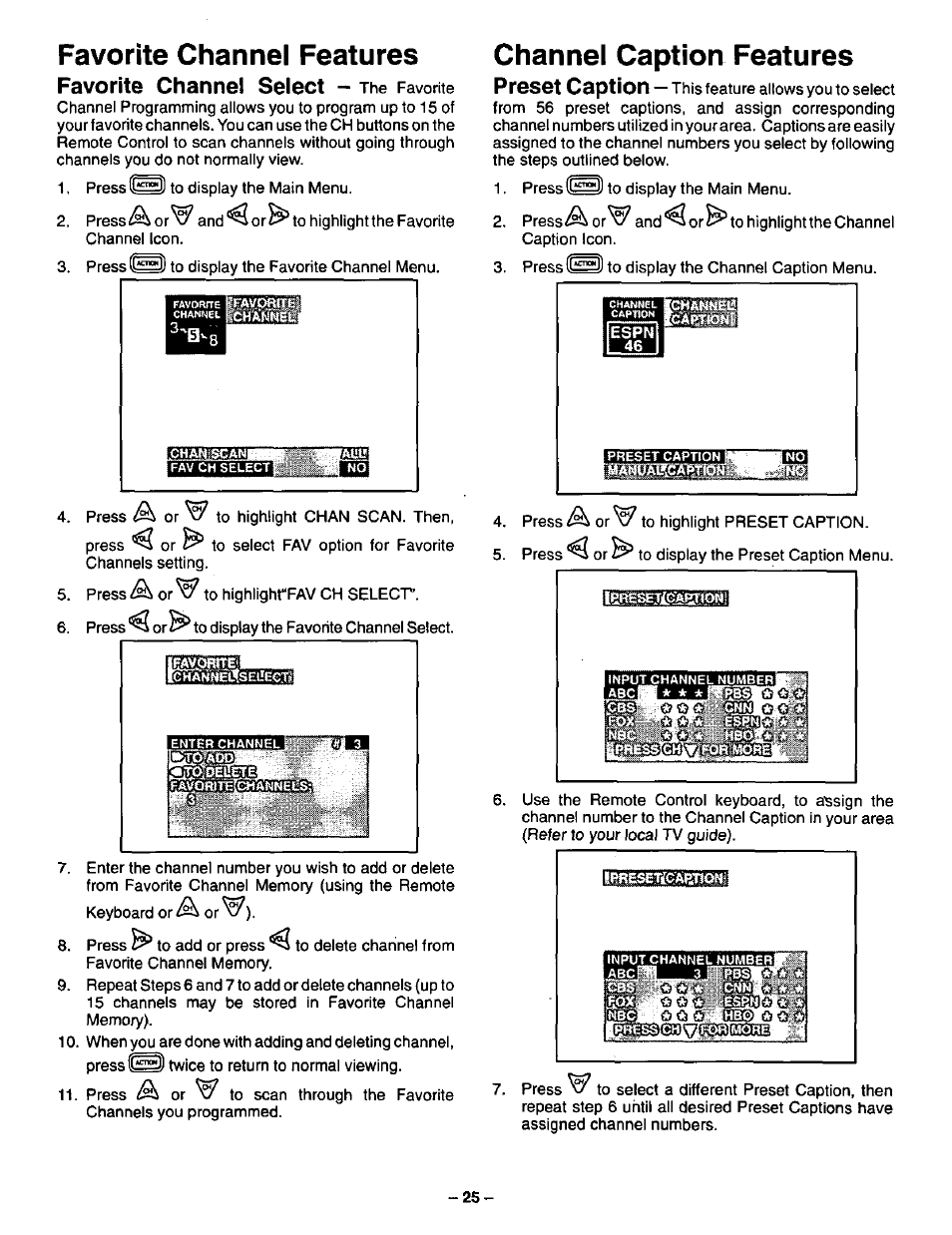 Favorite channel features, Favorite channel select — the favorite, Channel caption features | Favorite channel select, Preset caption | Panasonic CT-36SF24 User Manual | Page 25 / 36