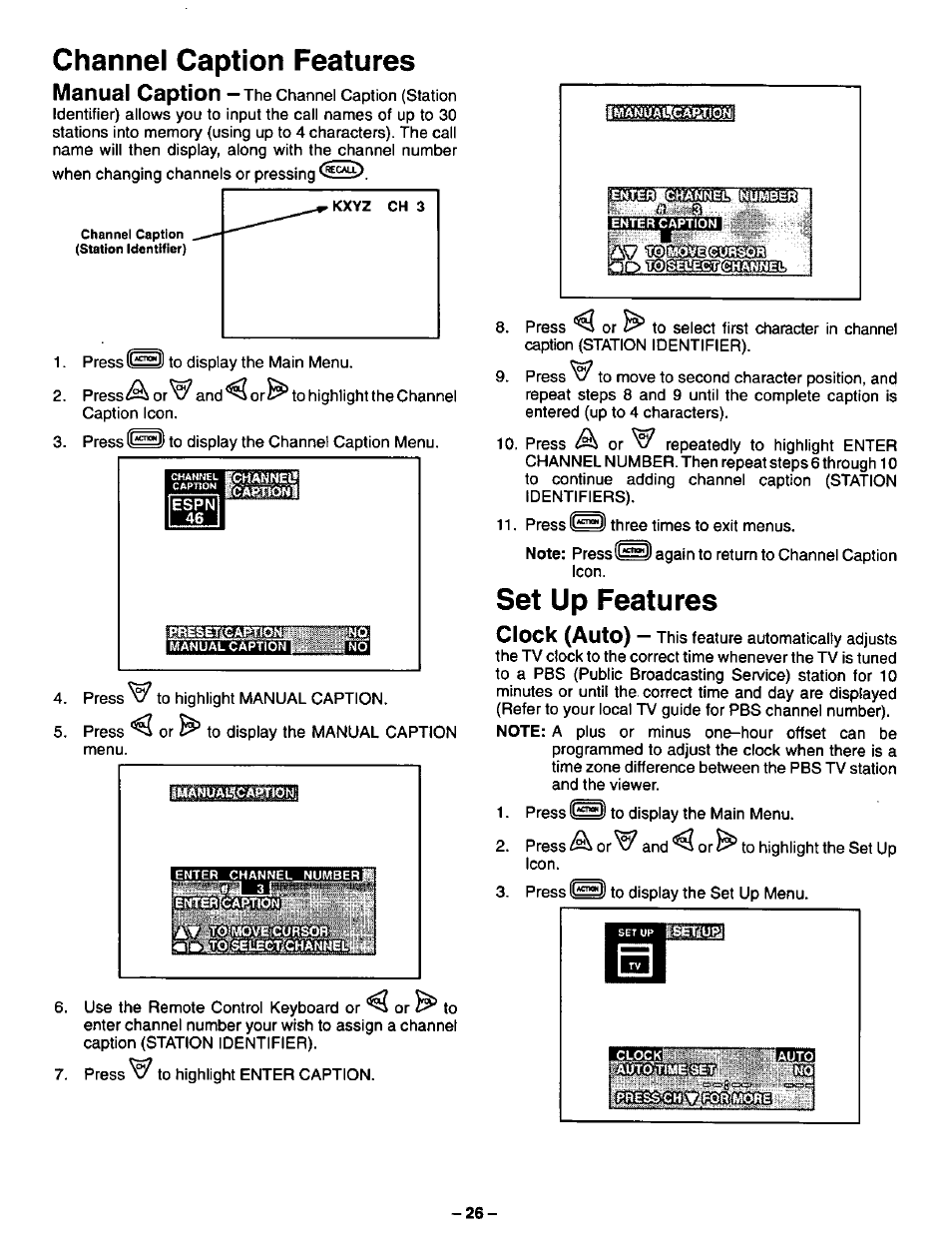 Channel caption features, Set up features, Manusl caption | Clock (auto) | Panasonic CT-36SF24 User Manual | Page 26 / 36