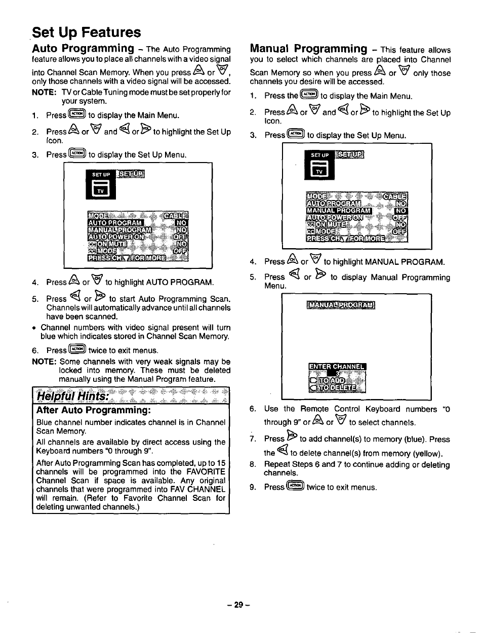 Set up features, Auto programming, Helpful hints | Manual programming | Panasonic CT-36SF24 User Manual | Page 29 / 36