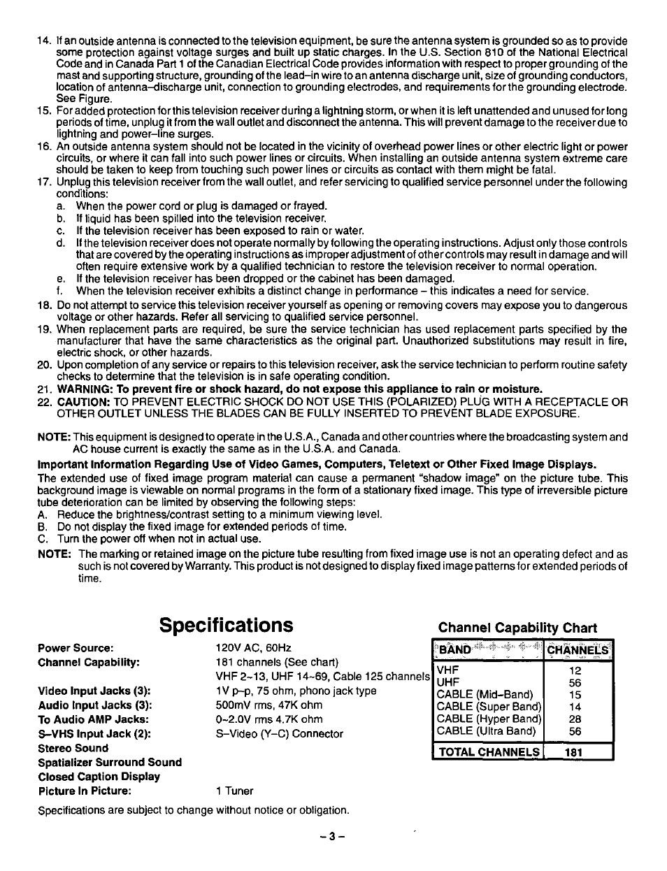 Channel capability chart, Specifications | Panasonic CT-36SF24 User Manual | Page 3 / 36