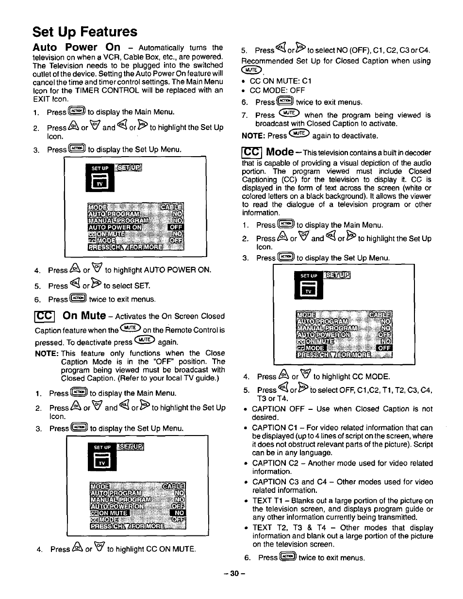 Set up features, Auto pow©r, Cc| on mute | Fee] mode | Panasonic CT-36SF24 User Manual | Page 30 / 36