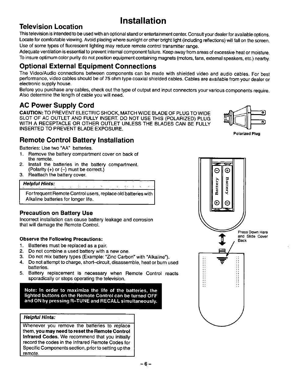 Installation, Television location, Optional external equipment connections | Ac power supply cord, Remote control battery installation, Precaution on battery use, Observe the following precautions | Panasonic CT-36SF24 User Manual | Page 6 / 36