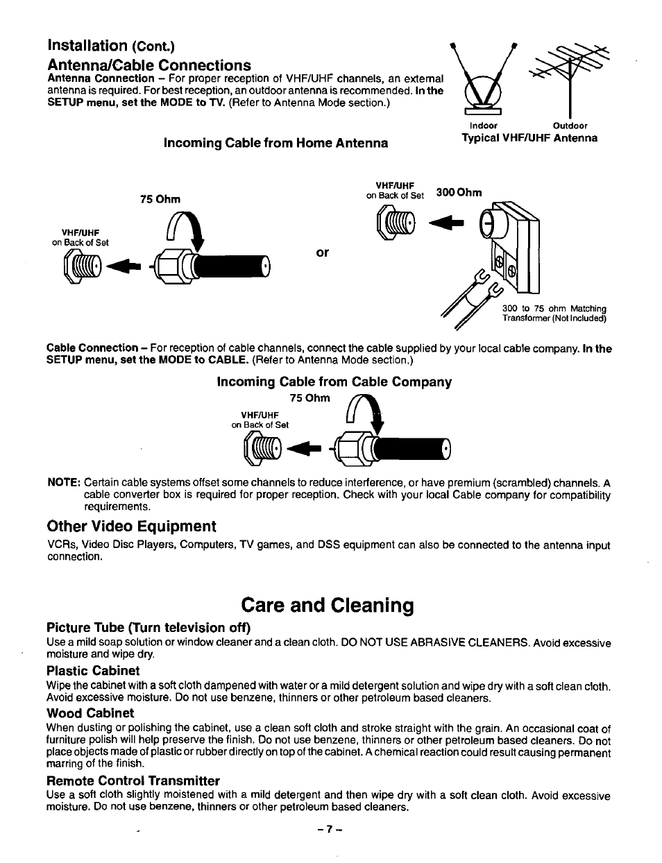 Installation (cont), Antenna/cable connections, Incoming cable from home antenna | Incoming cable from cable company, 75 ohm, Other video equipment, Care and cleaning, Picture tube (turn television off), Plastic cabinet, Wood cabinet | Panasonic CT-36SF24 User Manual | Page 7 / 36