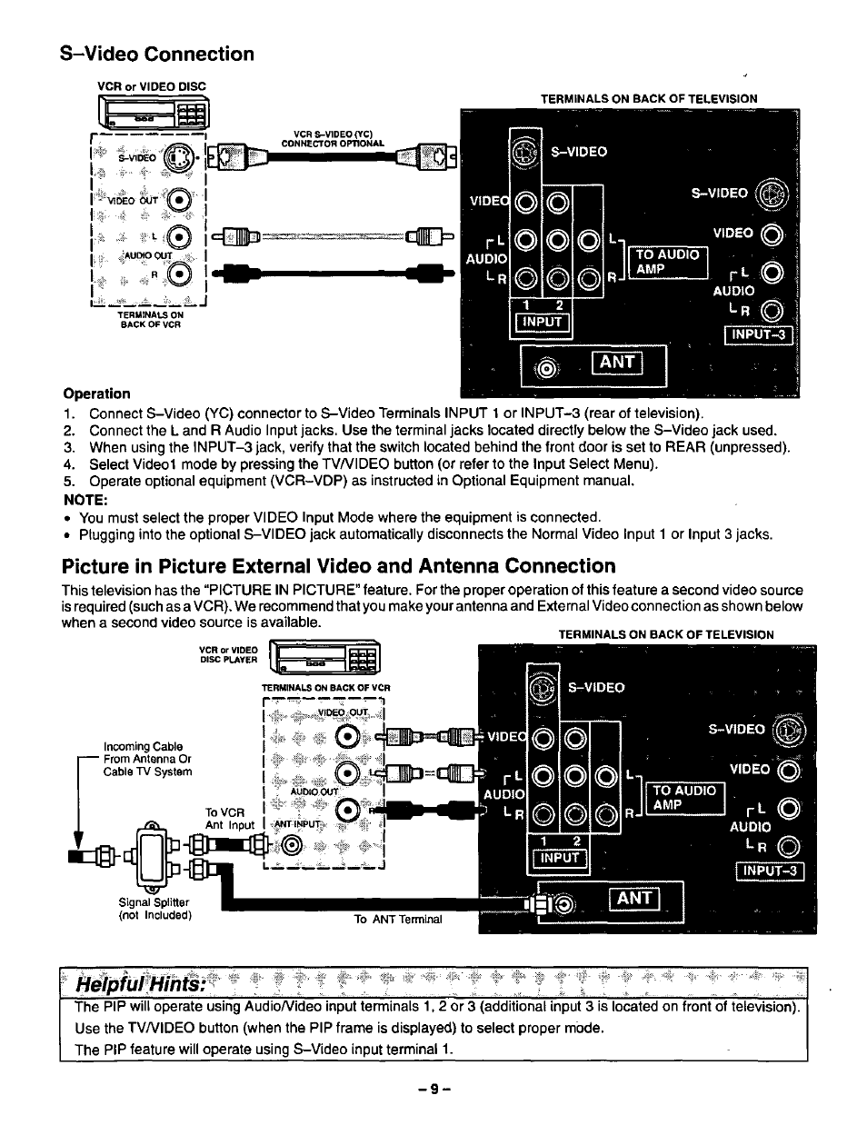 S-video connection, Operation, Note | Video/audio connection | Panasonic CT-36SF24 User Manual | Page 9 / 36