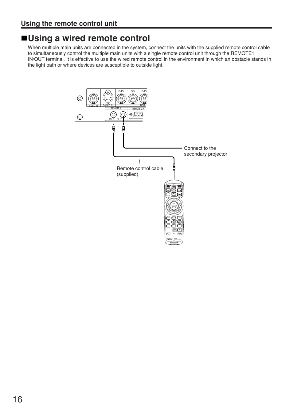 Using a wired remote control, 16 using a wired remote control, Using the remote control unit | Panasonic PT-D5500U User Manual | Page 16 / 68