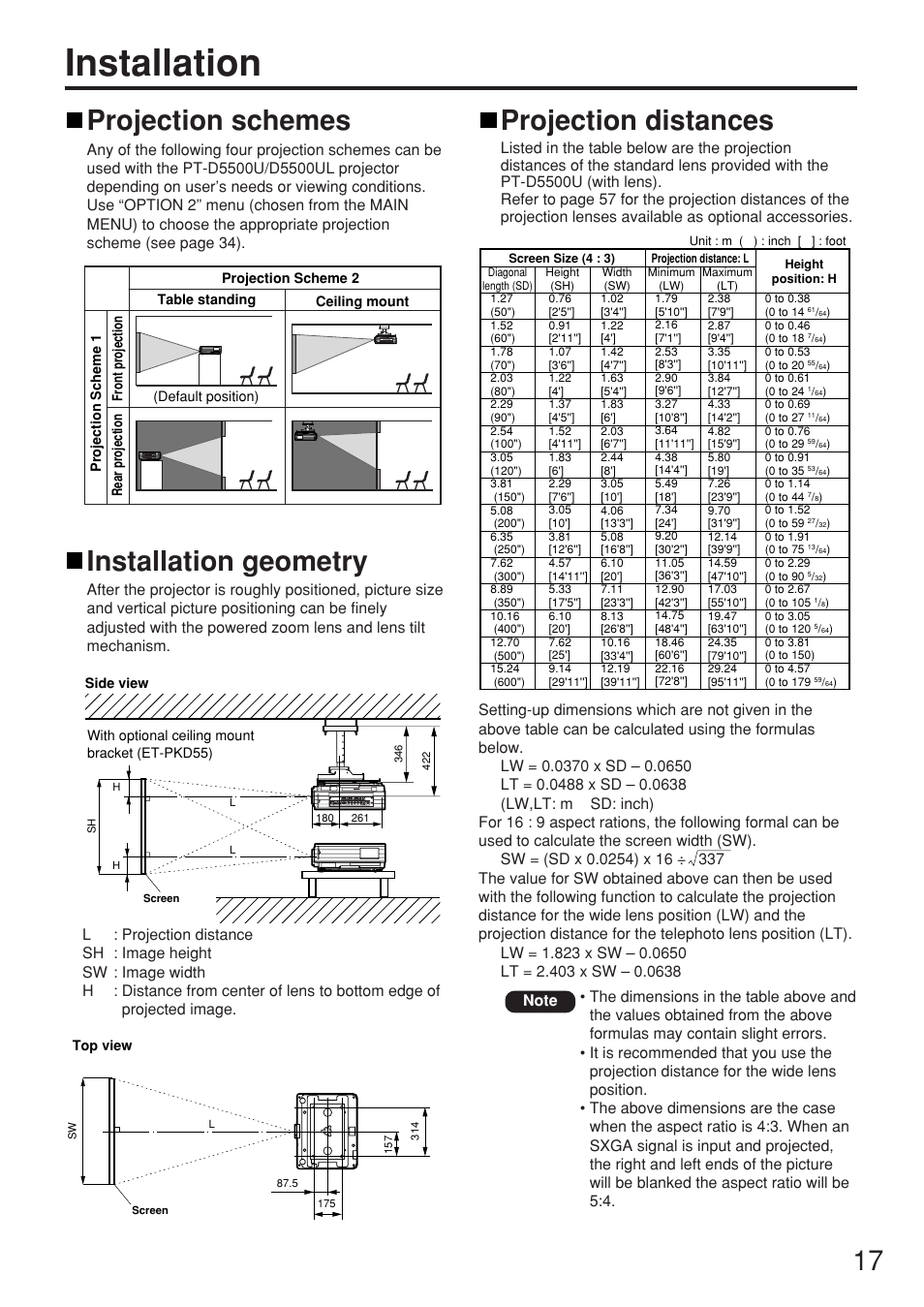 Installation, Projection schemes, Installation geometry | Projection distances | Panasonic PT-D5500U User Manual | Page 17 / 68
