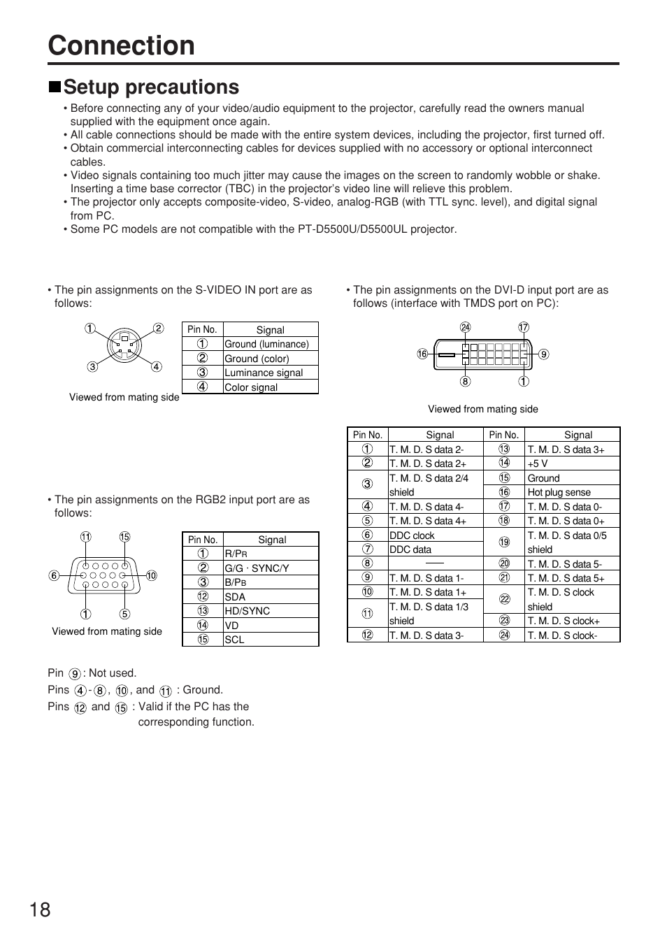 Connection, Setup precautions | Panasonic PT-D5500U User Manual | Page 18 / 68
