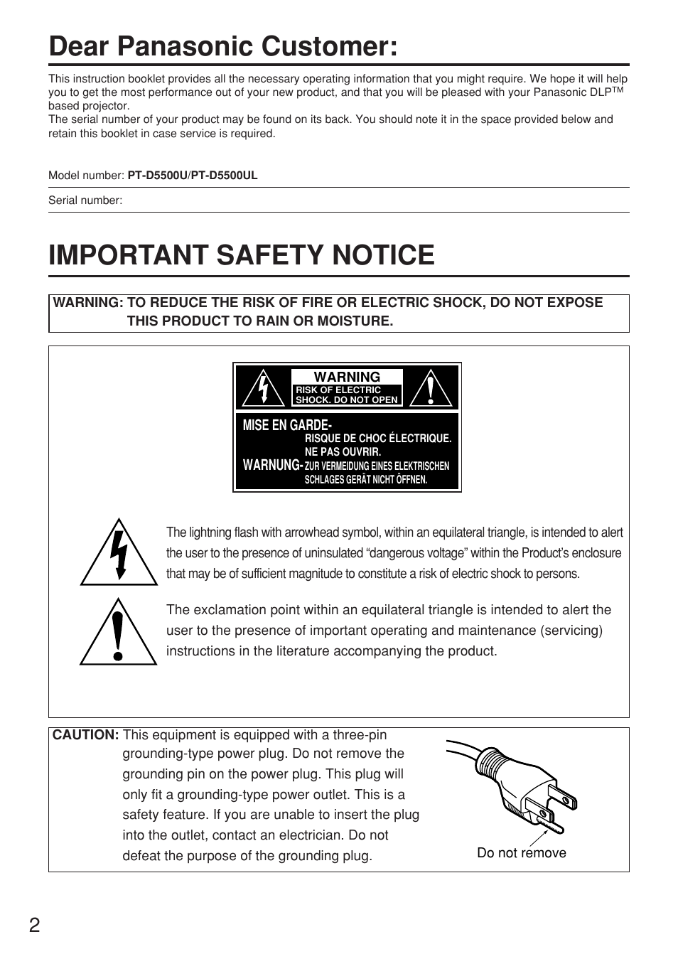 Important safety notice, Dear panasonic customer | Panasonic PT-D5500U User Manual | Page 2 / 68