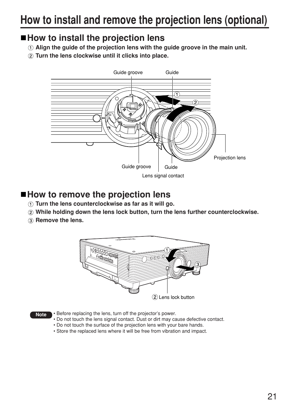 How to install the projection lens, How to remove the projection lens | Panasonic PT-D5500U User Manual | Page 21 / 68