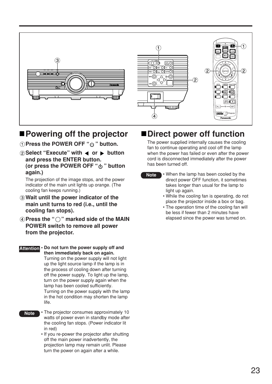 Powering the projector, Direct power off function, 23 powering off the projector | Panasonic PT-D5500U User Manual | Page 23 / 68