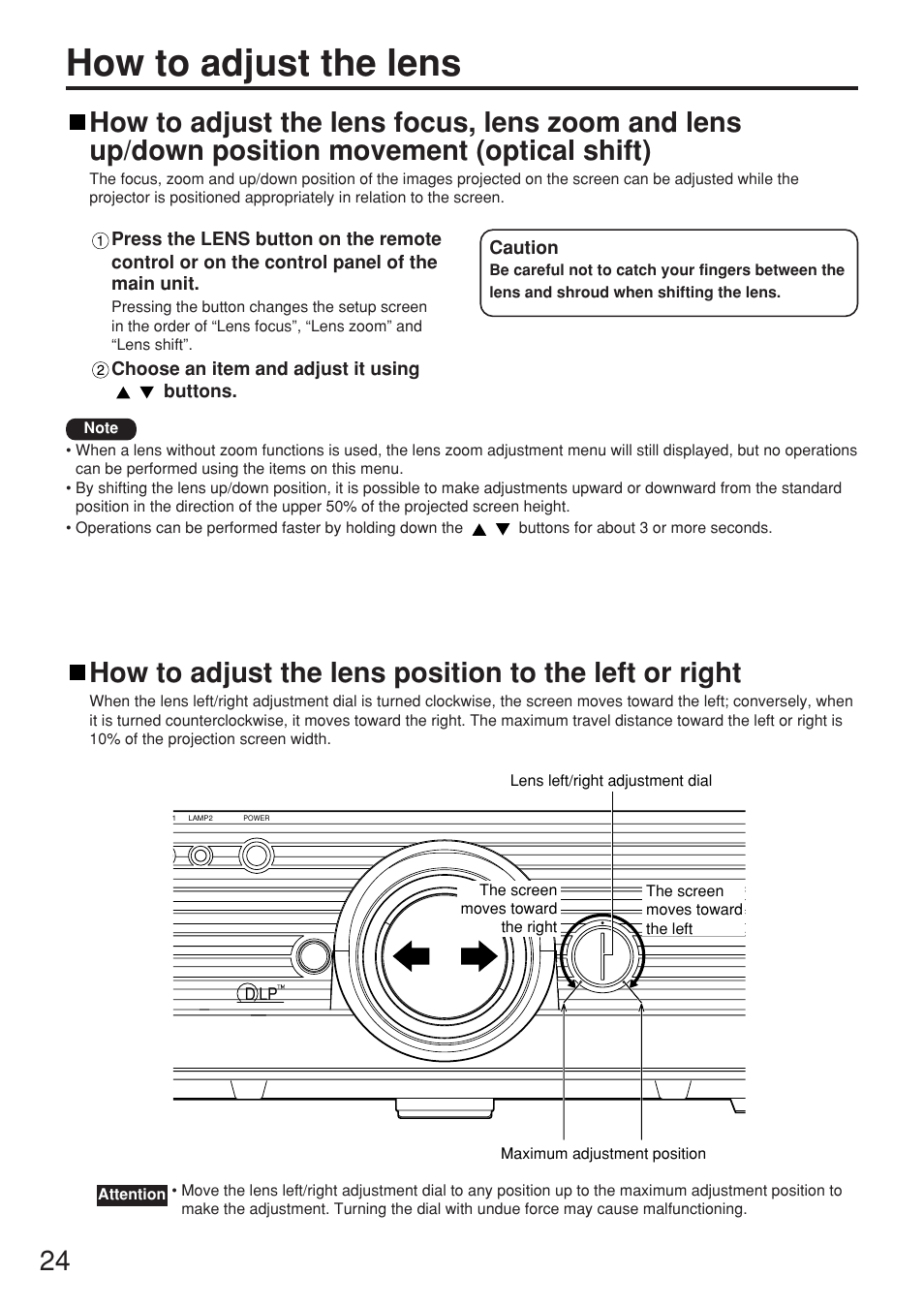 How to adjust the lens | Panasonic PT-D5500U User Manual | Page 24 / 68
