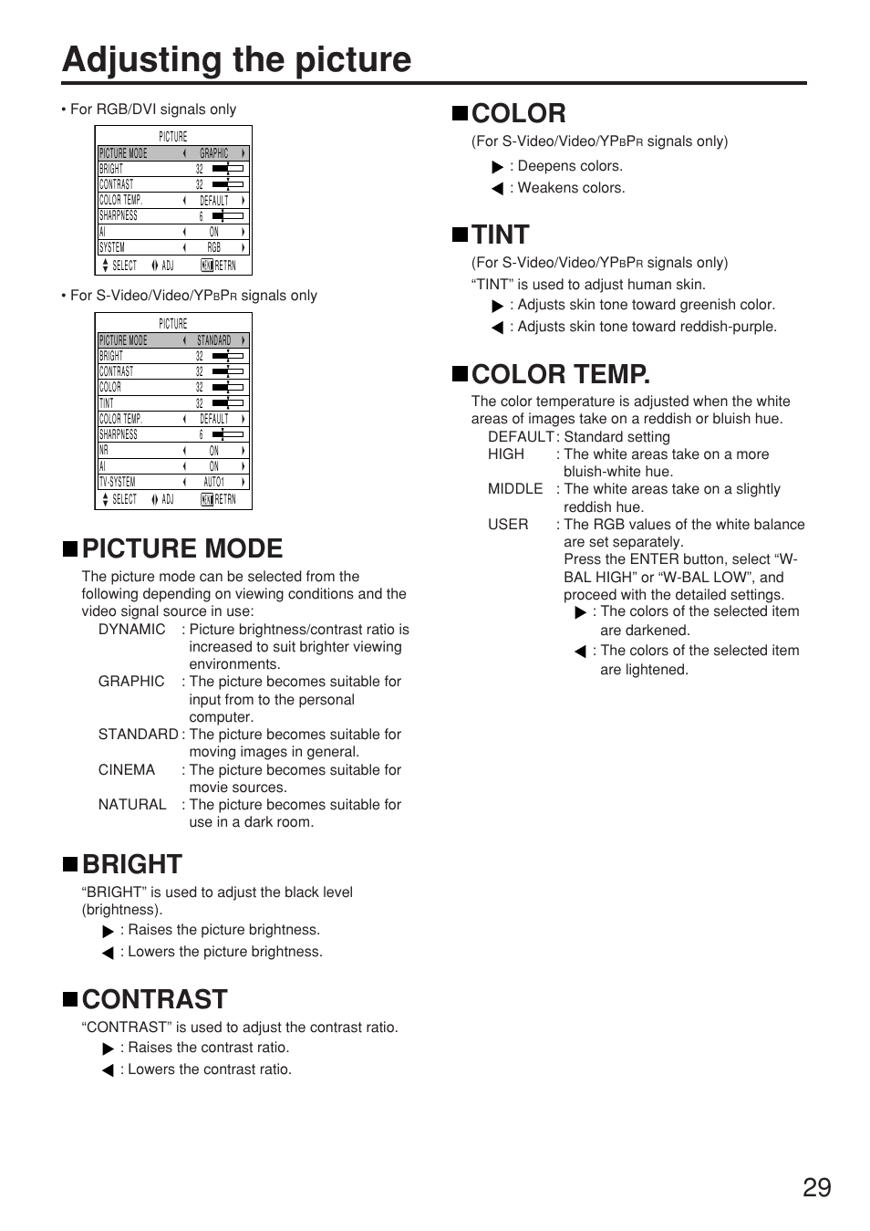 Adjusting the picture, Picture mode, Bright | Contrast, Color, Tint, Color temp | Panasonic PT-D5500U User Manual | Page 29 / 68