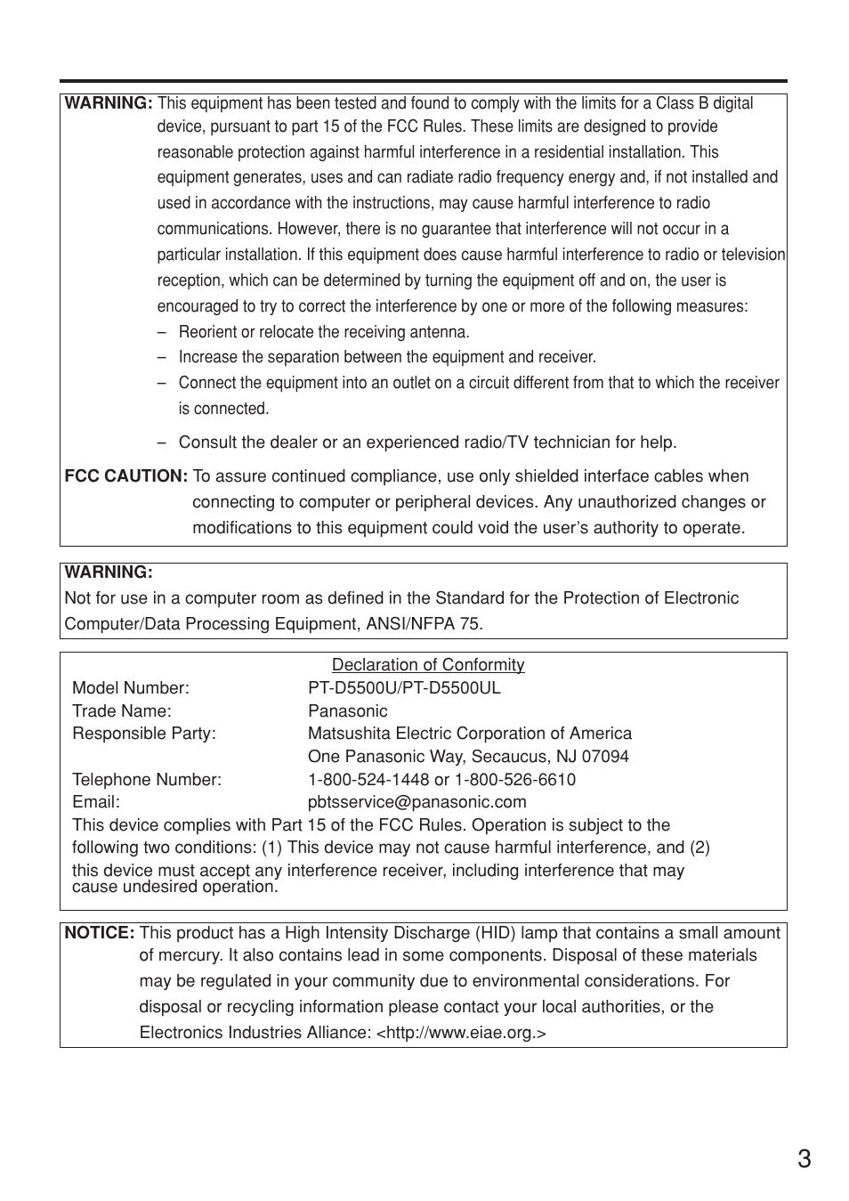 Panasonic PT-D5500U User Manual | Page 3 / 68