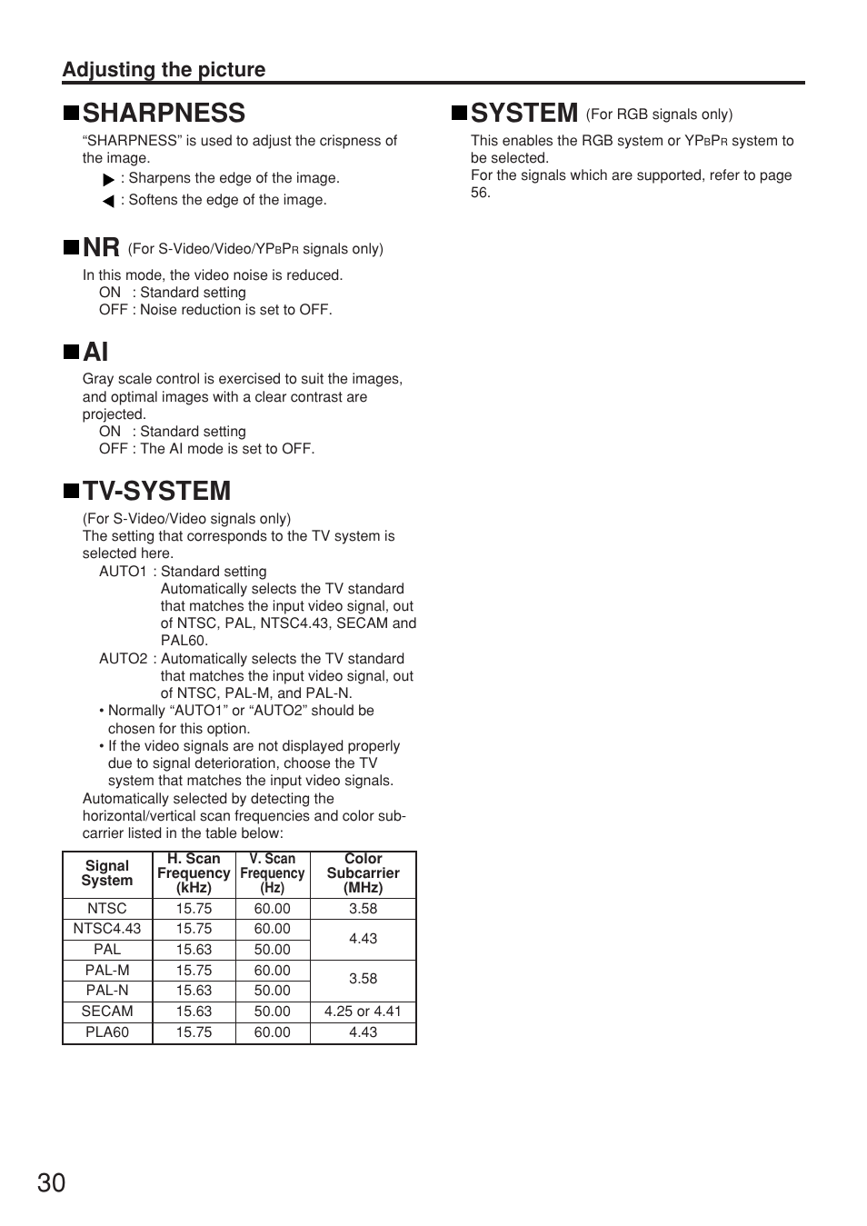 Sharpness, Tv-system, System | Adjusting the picture | Panasonic PT-D5500U User Manual | Page 30 / 68