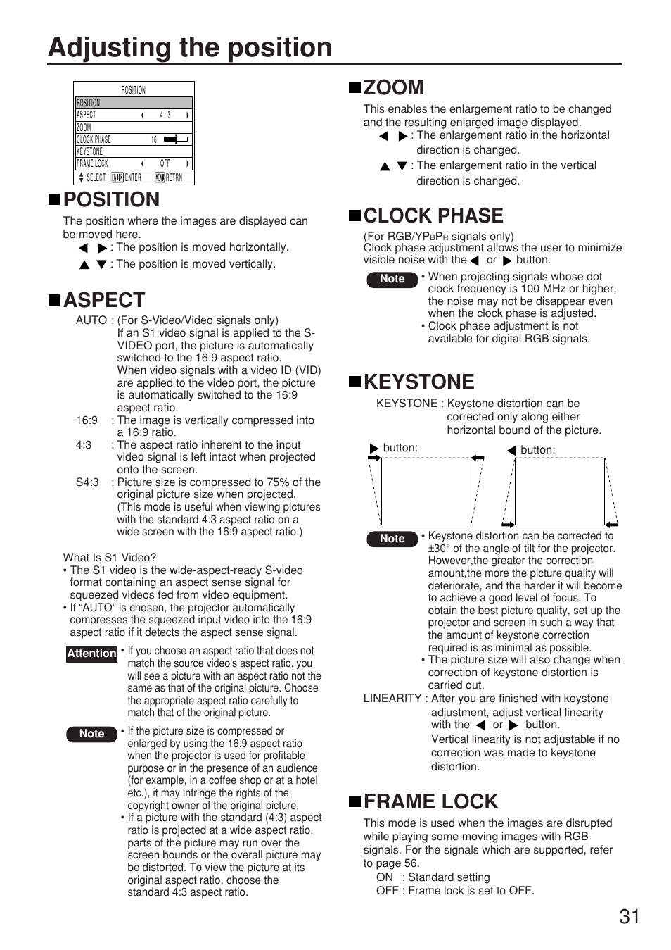 Adjusting the position, Position, Aspect | Zoom, Clock phase, Keystone, Frame lock, 31 keystone | Panasonic PT-D5500U User Manual | Page 31 / 68