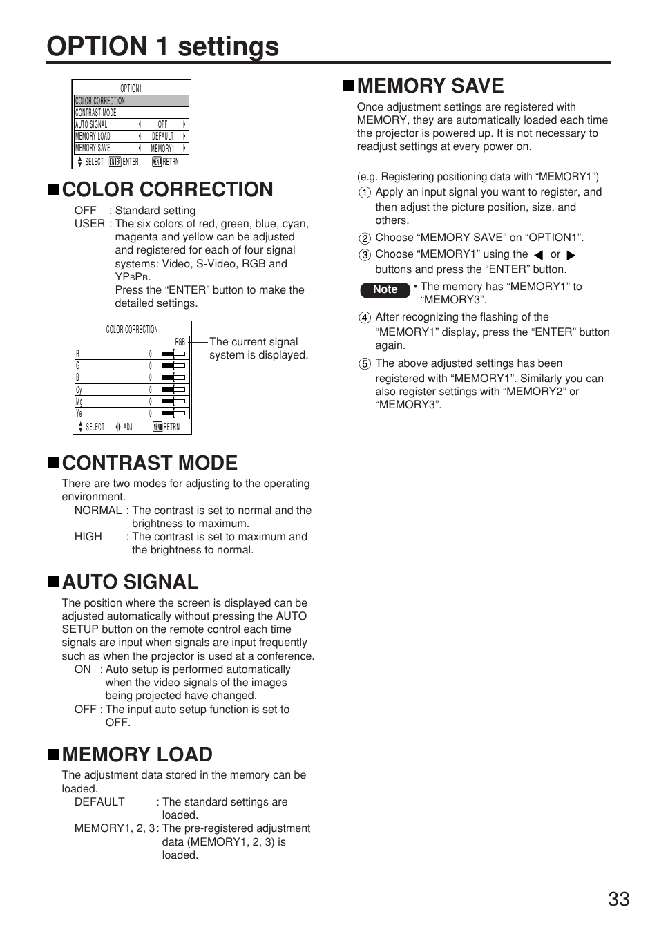 Option 1 settings, Color correction, Contrast mode | Auto signal, Memory load, Memory save | Panasonic PT-D5500U User Manual | Page 33 / 68