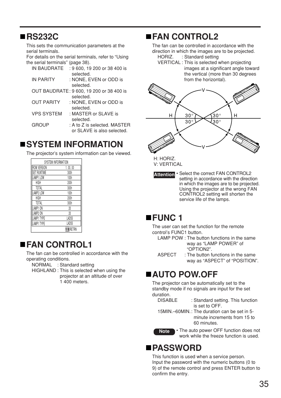 Rs232c, System information, Fan control 1 | Fan control 2, Func 1, Auto pow. off, Password, Fan control1, Fan control2, Auto pow.off | Panasonic PT-D5500U User Manual | Page 35 / 68