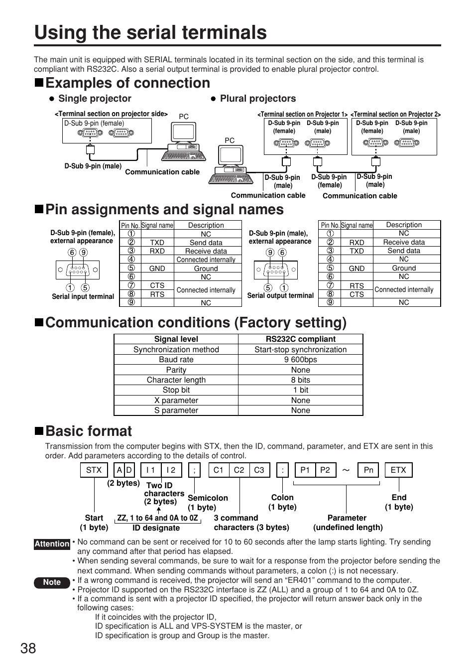 Using the serial terminals, Examples of connection, Pin assignments and signal names | Communication conditions (factory setting), Basic format | Panasonic PT-D5500U User Manual | Page 38 / 68