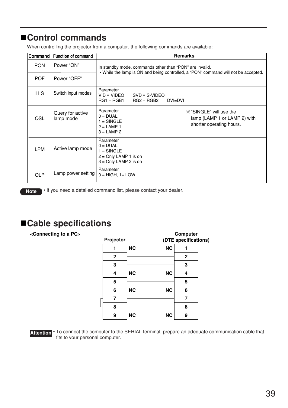 Control commands, Cable specifications, 39 cable specifications control commands | Panasonic PT-D5500U User Manual | Page 39 / 68