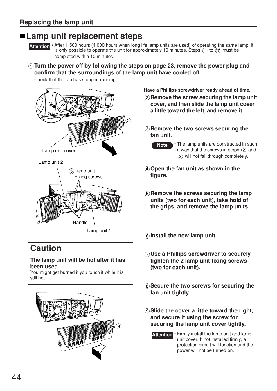 Lamp unit replacement steps, Caution, Replacing the lamp unit | Panasonic PT-D5500U User Manual | Page 44 / 68