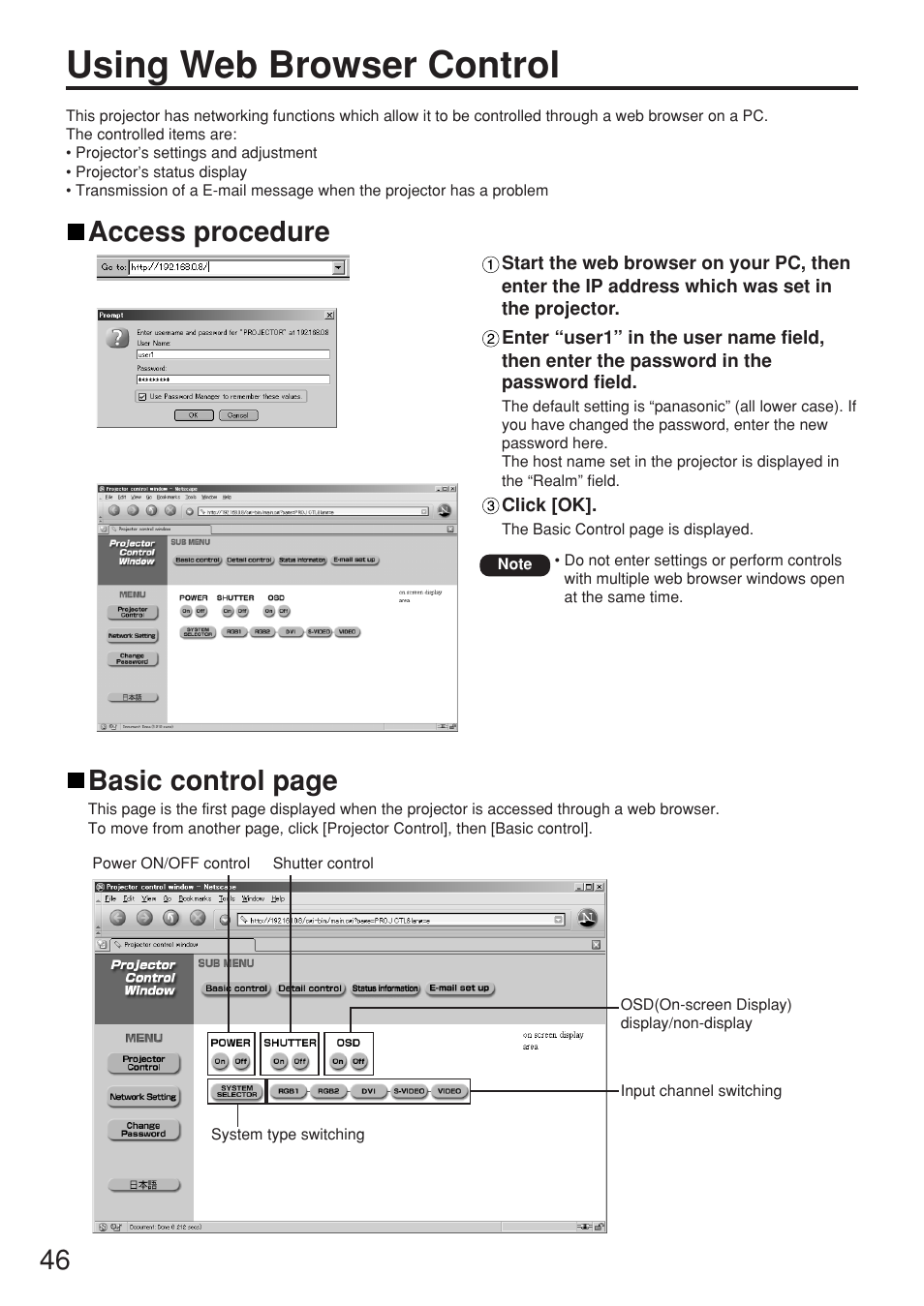 Using web browser control, Access procedure, Basic control page | Panasonic PT-D5500U User Manual | Page 46 / 68
