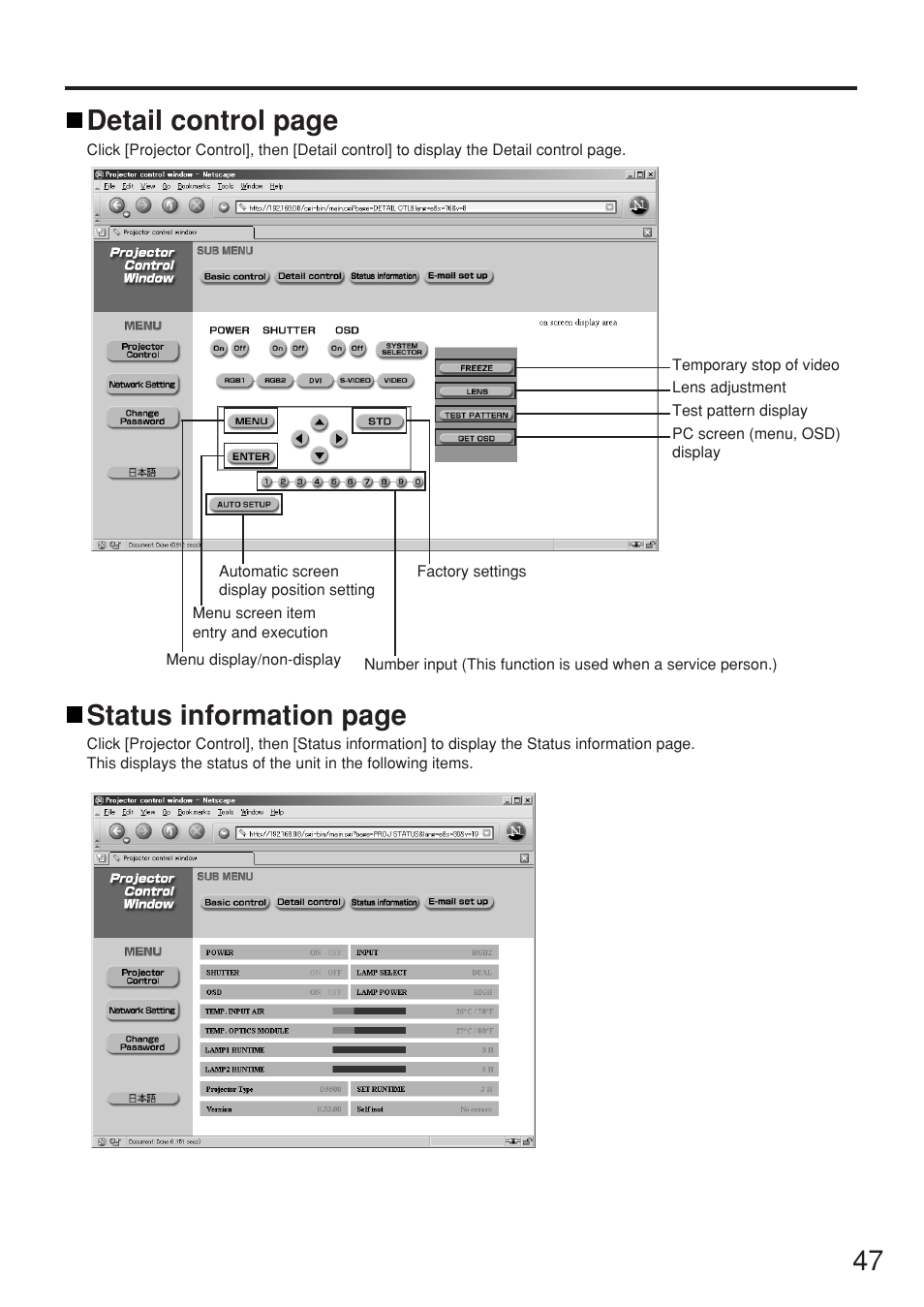 47 detail control page, Status information page | Panasonic PT-D5500U User Manual | Page 47 / 68