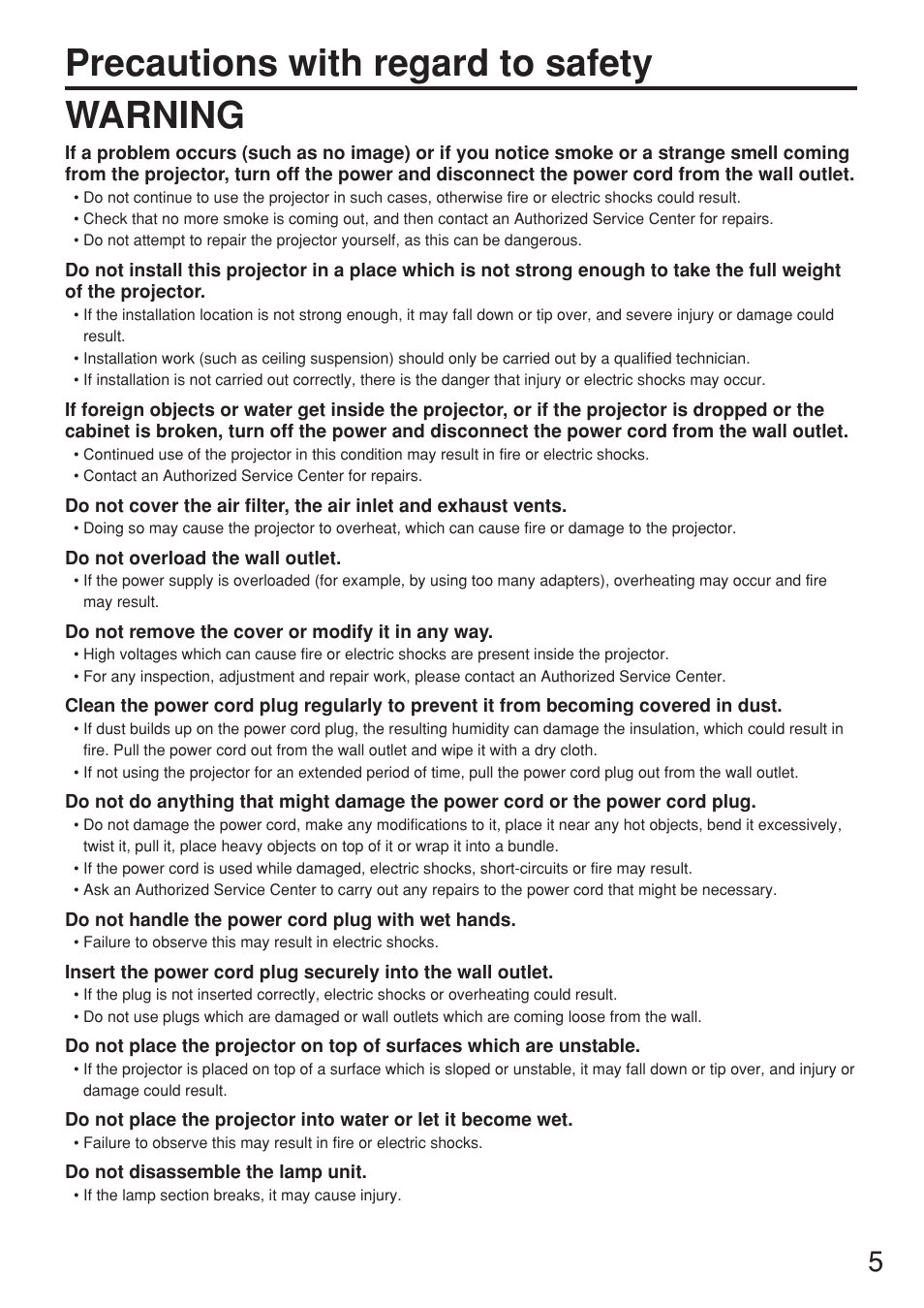 Precautions with regard to safety, Precautions with regard to safety warning | Panasonic PT-D5500U User Manual | Page 5 / 68