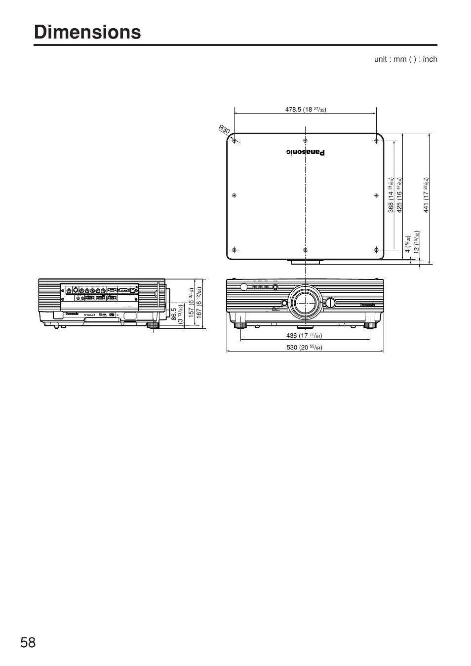 Dimensions, Unit : mm ( ) : inch, Pc< tbmu448 | Panasonic PT-D5500U User Manual | Page 58 / 68