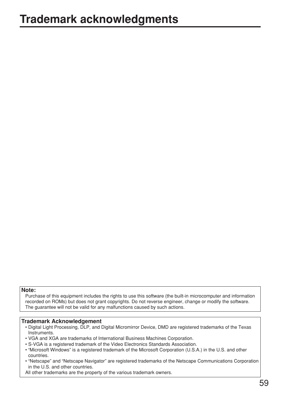 Trademark acknowledgments, Francais information | Panasonic PT-D5500U User Manual | Page 59 / 68