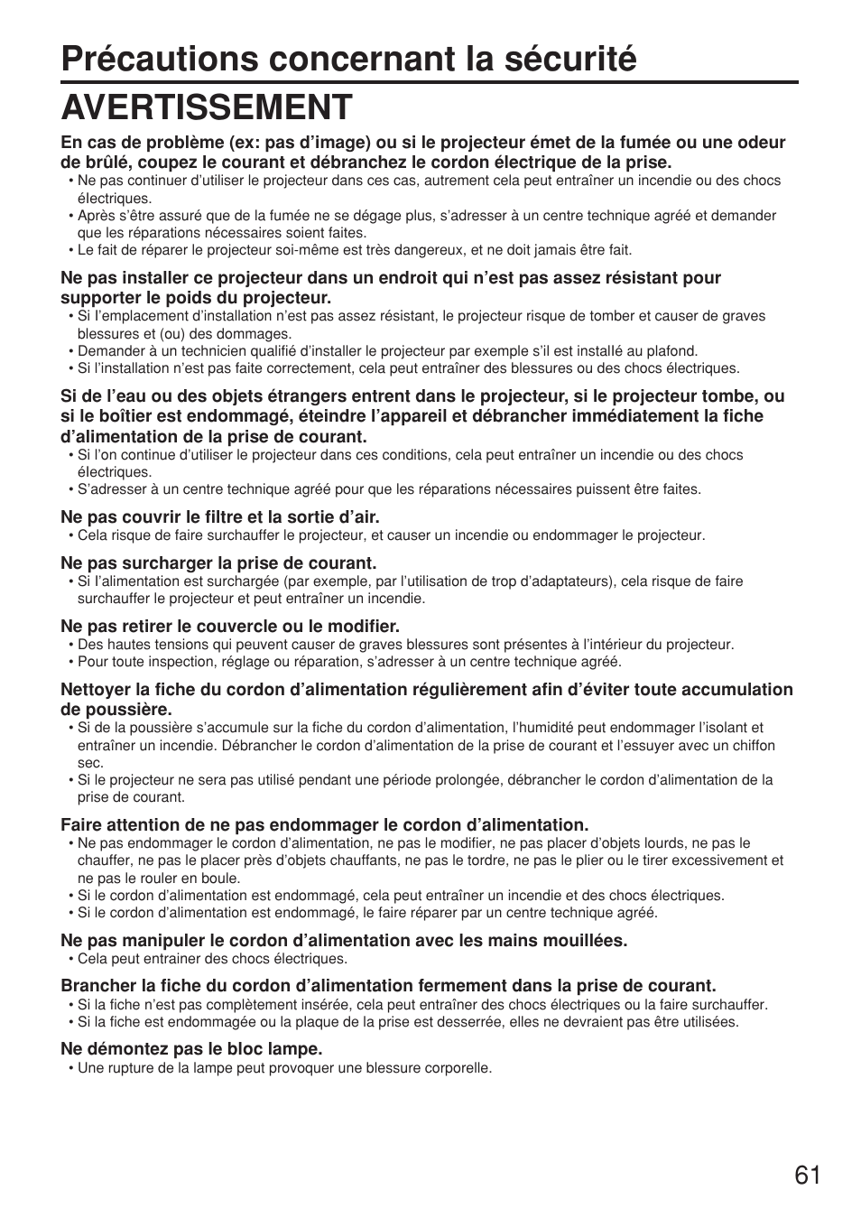 Précautions concernant la sécurité avertissement | Panasonic PT-D5500U User Manual | Page 61 / 68
