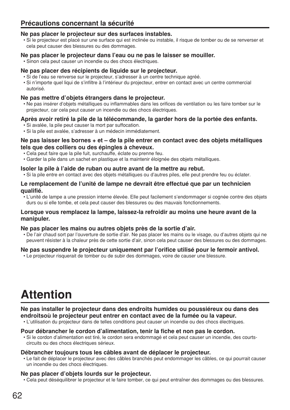 Attention, Précautions concernant la sécurité | Panasonic PT-D5500U User Manual | Page 62 / 68