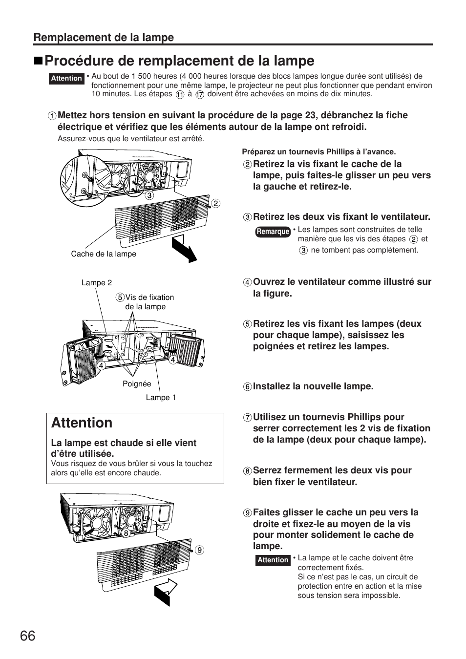Procédure de remplacement de la lampe, Attention, Remplacement de la lampe | Panasonic PT-D5500U User Manual | Page 66 / 68